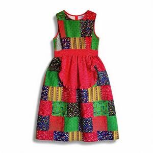 Vintage Design House Apron Pinafore Dress 60 70s Red Green Patchwork Floral O/S